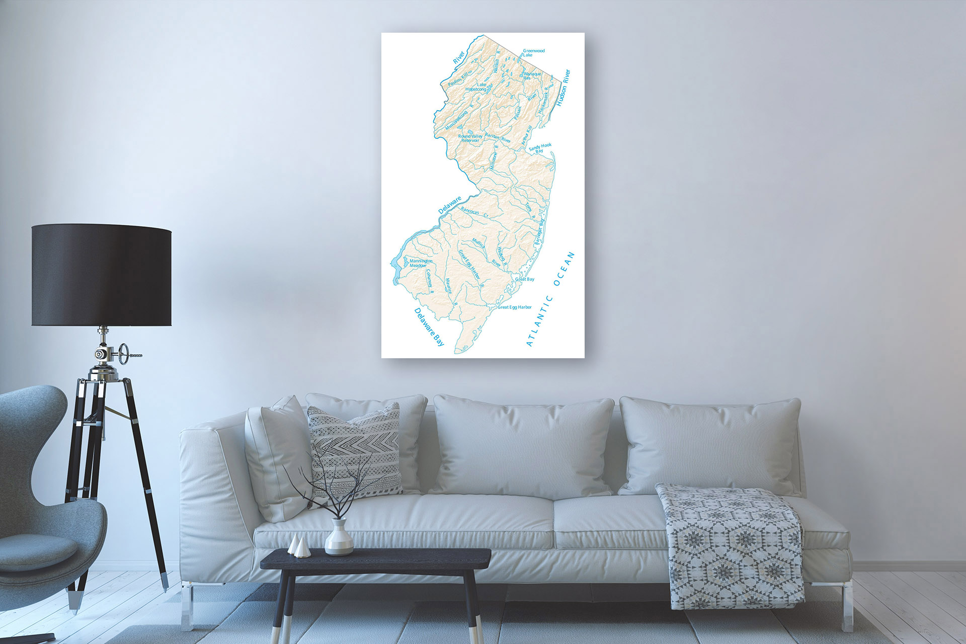 New Jersey Lakes And Rivers Map Canvas Wrap