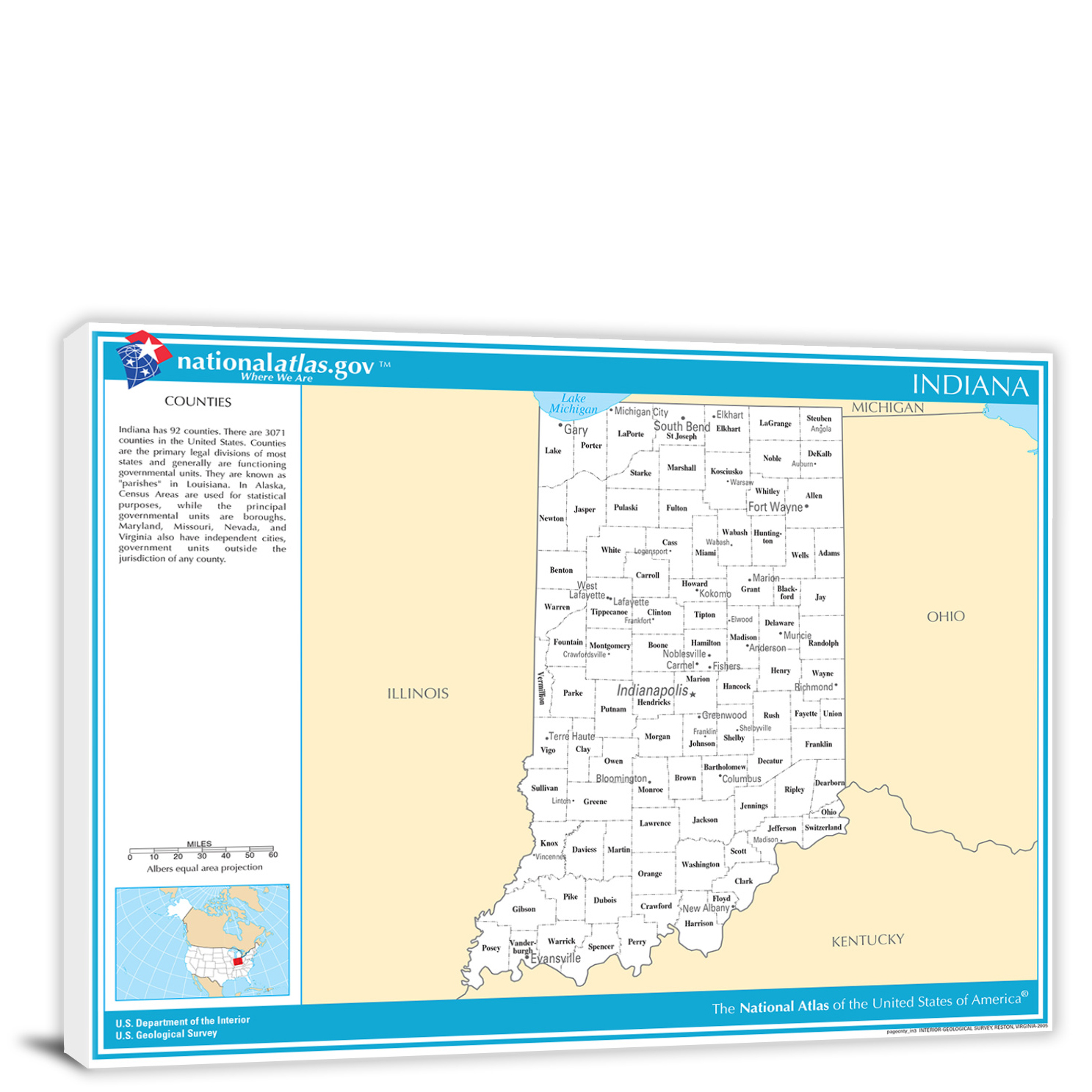 Indiana-National Atlas Counties and Selected Cities Map, 2022 - Canvas Wrap