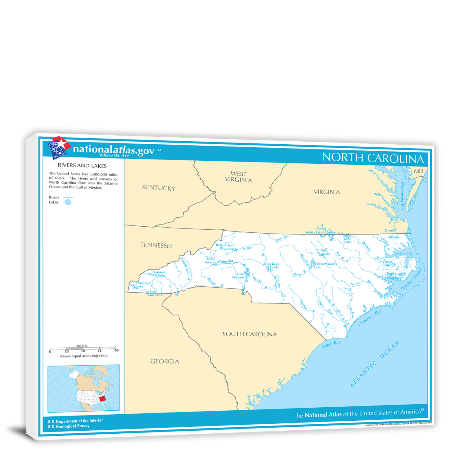 North Carolina-National Atlas Rivers and Lakes Map, 2022 - Canvas Wrap