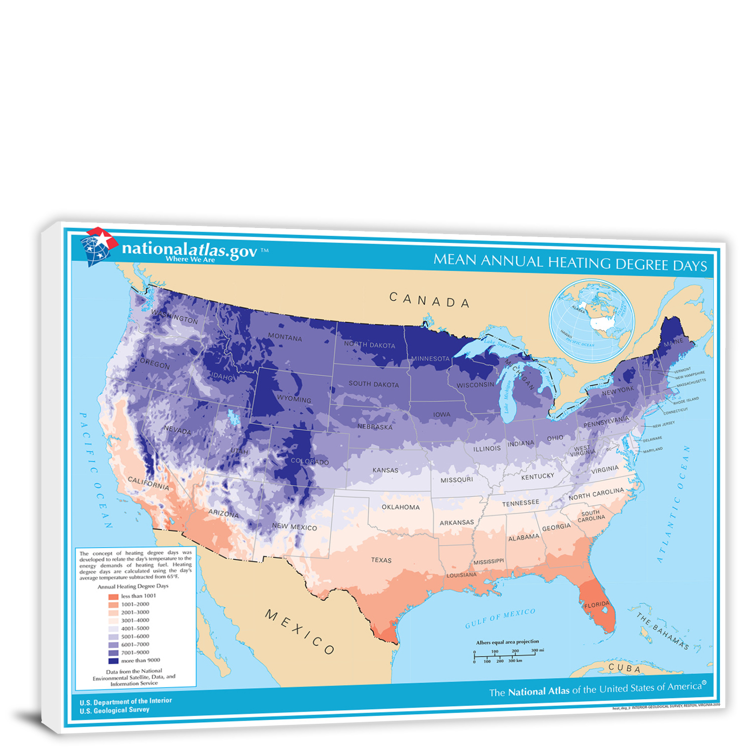 USAMean Annual Heating Degrees Days Map, 2022 Canvas Wrap