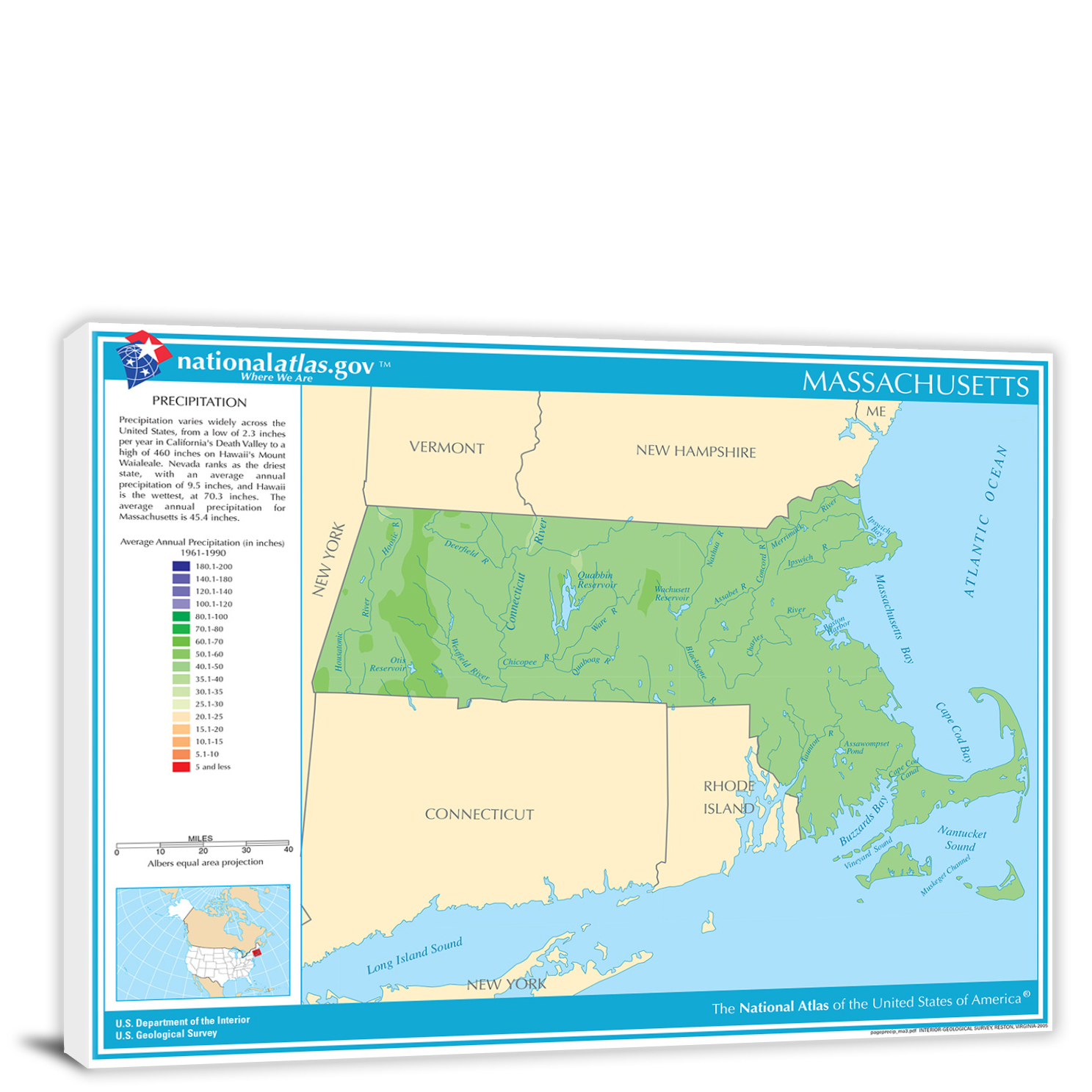 MassachusettsAnnual Precipitation Map, 2022 Canvas Wrap