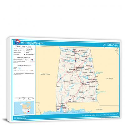 Alabama-National Atlas Reference Map, 2022 - Canvas Wrap