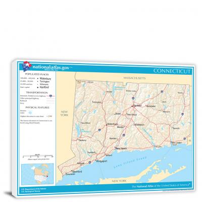 Connecticut-National Atlas Reference Map, 2022 - Canvas Wrap