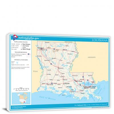 Louisiana-National Atlas Reference Map, 2022 - Canvas Wrap