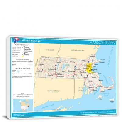 Massachusetts-National Atlas Reference Map, 2022 - Canvas Wrap