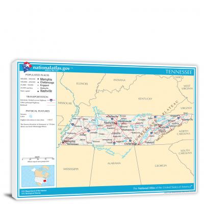 Tennessee-National Atlas Reference Map, 2022 - Canvas Wrap