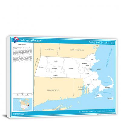 Massachusetts-National Atlas County Map, 2022 - Canvas Wrap