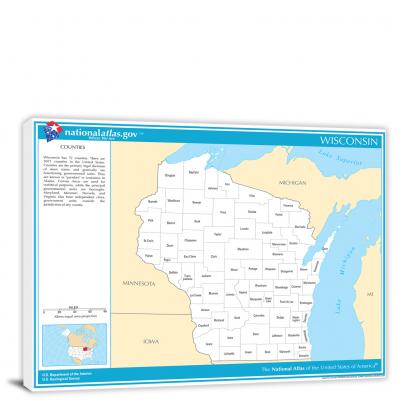 Wisconsin-National Atlas County Map, 2022 - Canvas Wrap