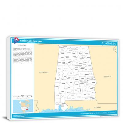 Alabama-National Atlas Counties and Selected Cities Map, 2022 - Canvas Wrap