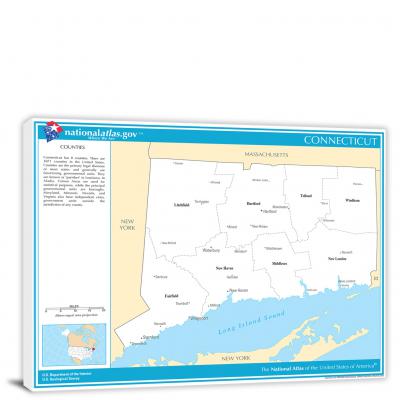 Connecticut-National Atlas Counties and Selected Cities Map, 2022 - Canvas Wrap