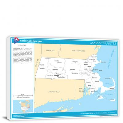 Massachusetts-National Atlas Counties and Selected Cities Map, 2022 - Canvas Wrap