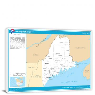 Maine-National Atlas Counties and Selected Cities Map, 2022 - Canvas Wrap