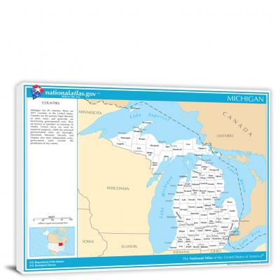 Michigan-National Atlas Counties and Selected Cities Map, 2022 - Canvas Wrap