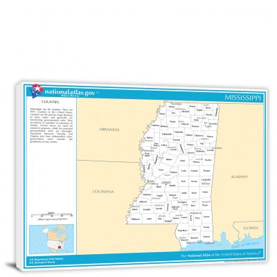 Mississippi-National Atlas Counties and Selected Cities Map, 2022 - Canvas Wrap