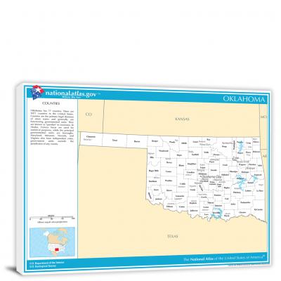 Oklahoma-National Atlas Counties and Selected Cities Map, 2022 - Canvas Wrap
