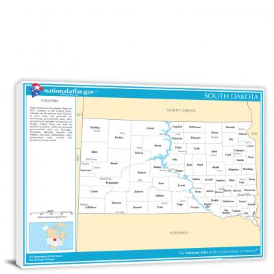 South Dakota-National Atlas Counties and Selected Cities Map, 2022 - Canvas Wrap
