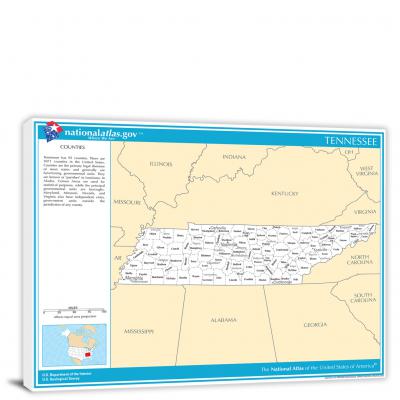 Tennessee-National Atlas Counties and Selected Cities Map, 2022 - Canvas Wrap