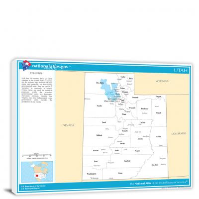Utah-National Atlas Counties and Selected Cities Map, 2022 - Canvas Wrap