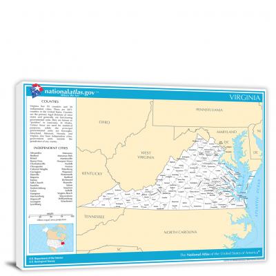 Virginia-National Atlas Counties and Selected Cities Map, 2022 - Canvas Wrap