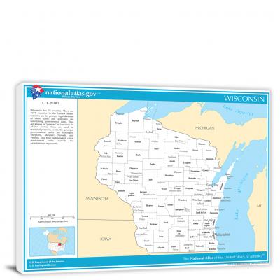 Wisconsin-National Atlas Counties and Selected Cities Map, 2022 - Canvas Wrap