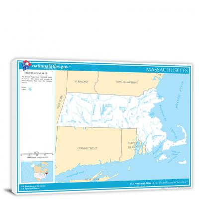Massachusetts-National Atlas Rivers and Lakes Map, 2022 - Canvas Wrap