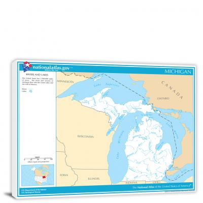 Michigan-National Atlas Rivers and Lakes Map, 2022 - Canvas Wrap