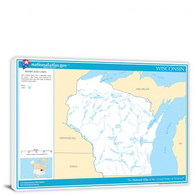 Wisconsin-National Atlas Rivers and Lakes Map, 2022 - Canvas Wrap