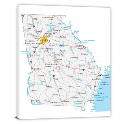 Georgia-Roads and Cities Map, 2022 - Canvas Wrap