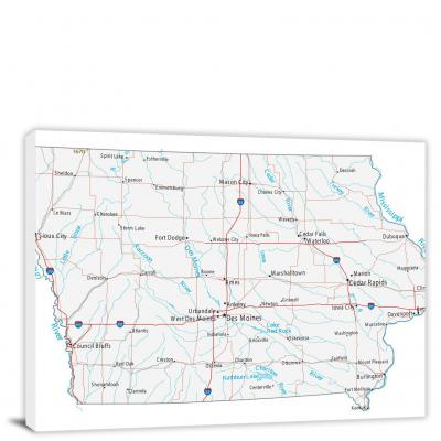 Iowa-Roads and Cities Map, 2022 - Canvas Wrap