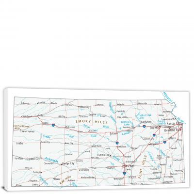 Kansas-Roads and Cities Map, 2022 - Canvas Wrap