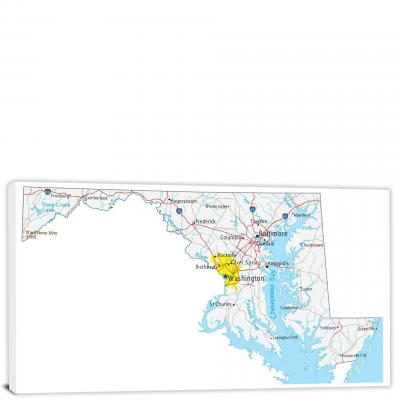 Maryland-Roads and Cities Map, 2022 - Canvas Wrap