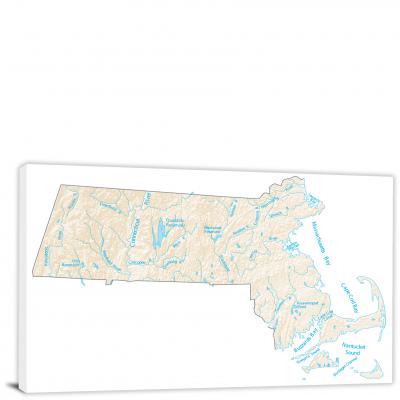 Massachusetts-Lakes and Rivers Map, 2022 - Canvas Wrap
