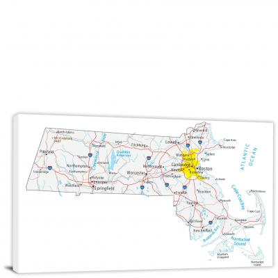 Massachusetts-Roads and Cities Map, 2022 - Canvas Wrap