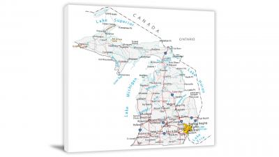 Michigan-Roads and Cities Map, 2022 - Canvas Wrap
