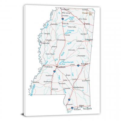 Mississippi-Roads and Cities Map, 2022 - Canvas Wrap