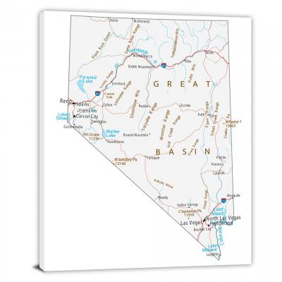 Nevada-Roads and Cities Map, 2022 - Canvas Wrap