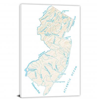 New Jersey-Lakes and Rivers Map, 2022 - Canvas Wrap