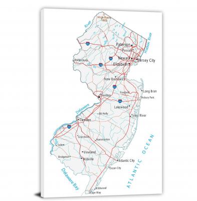 New Jersey-Roads and Cities Map, 2022 - Canvas Wrap