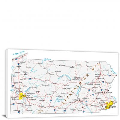 Pennsylvania-Roads and Cities Map, 2022 - Canvas Wrap