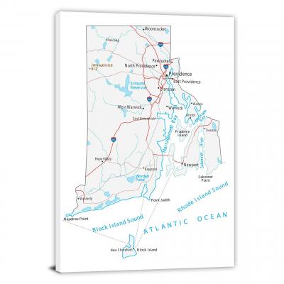Rhode Island-Roads and Cities Map, 2022 - Canvas Wrap