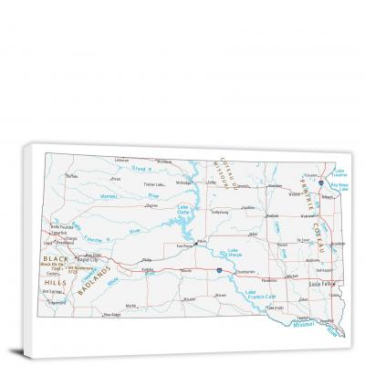 South Dakota-Roads and Cities Map, 2022 - Canvas Wrap