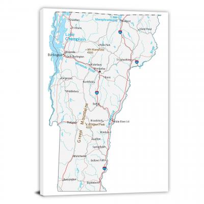 Vermont-Roads and Cities Map, 2022 - Canvas Wrap