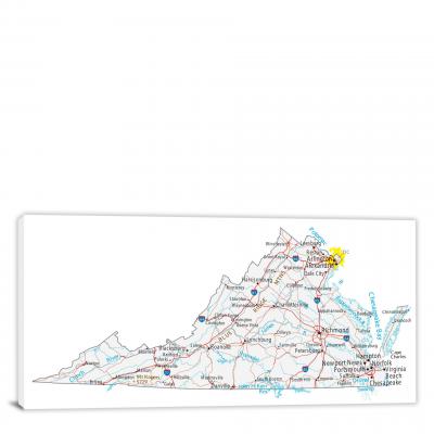 Virginia-Roads and Cities Map, 2022 - Canvas Wrap