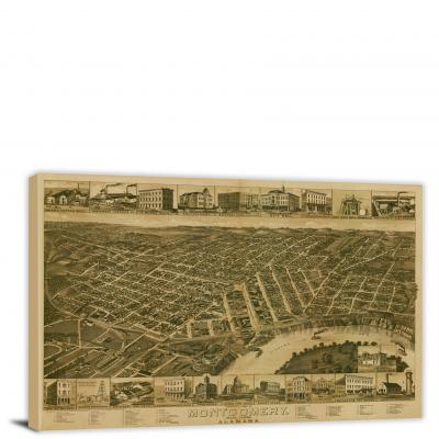 Perspective Map of Montgomery Alabama, 1887 - Canvas Wrap