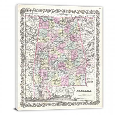 Colton Map of Alabama, 1855 - Canvas Wrap