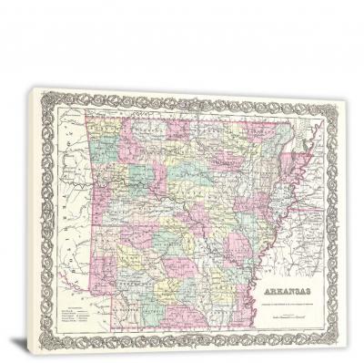 Colton Map of Arkansas, 1855 - Canvas Wrap