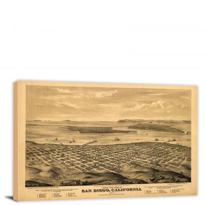 Birds-eye View of San Diego California, 1876 - Canvas Wrap