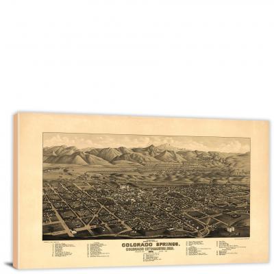 Panoramic Birds-eye View of Colorado Springs Colorado City and Manitou Colorado, 1882 - Canvas Wrap