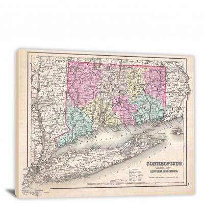Colton Map of Connecticut, 1857 - Canvas Wrap