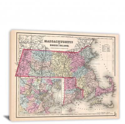 Colton Map of Massachusetts and Rhode Island, 1857 - Canvas Wrap